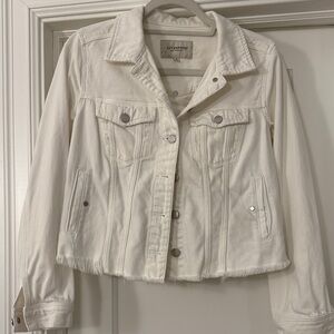 Liverpool Women's White Denim Jacket with distressed hem in the back